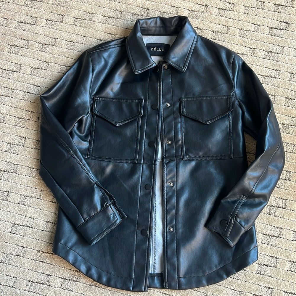 Deluc black faux leather jacket button up
